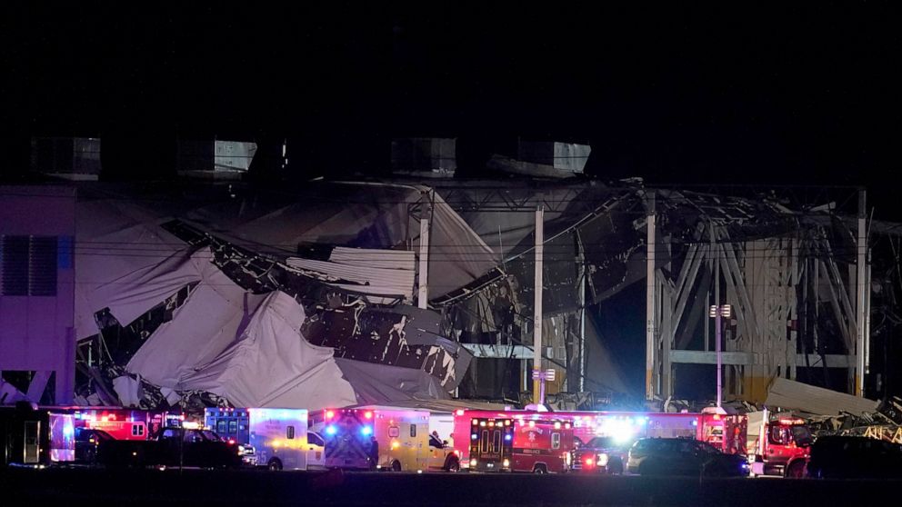 FILE - An Amazon distribution center is heavily damaged after a strong thunderstorm moved through the area, Dec. 10, 2021, in Edwardsville, Ill. Several members of Congress want Amazon to explain why an Illinois warehouse that collapsed during a 2021