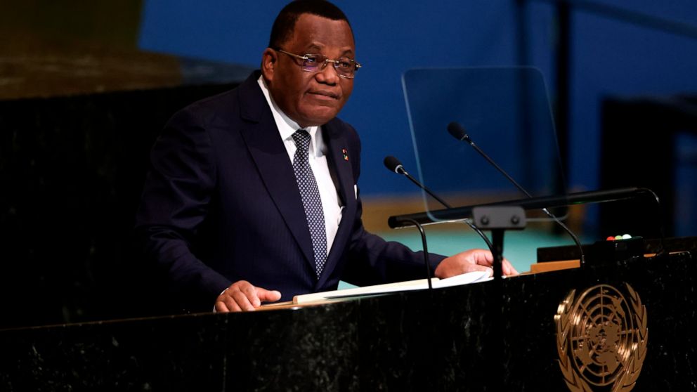 Minister for Foreign Affairs of Congo Jean-Claude Gakosso addresses the 77th session of the United Nations General Assembly, Monday, Sept. 26, 2022, at the U.N. headquarters. (AP Photo/Julia Nikhinson)
