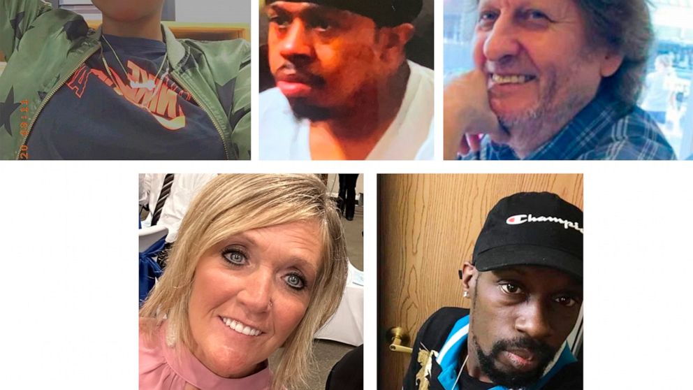 This combination of photos provided by the Chesapeake, Va., Police Department shows top from left, Tyneka Johnson, Brian Pendleton and Randy Blevins, and, bottom from left, Kellie Pyle and Lorenzo Gamble, who Chesapeake police identified as victims o