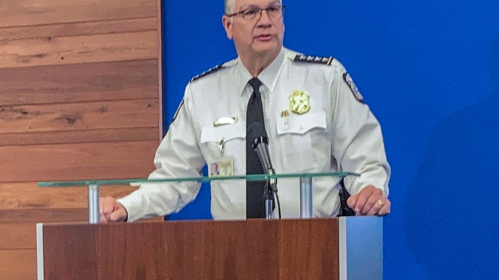 Interim Columbus Police Chief Michael Woods speaks during a news conference, Wednesday, April 21, 2021, about the Tuesday fatal police shooting of 16-year-old Ma'Khia Bryant, as she swung a knife at two other people in Columbus, Ohio. Woods called th