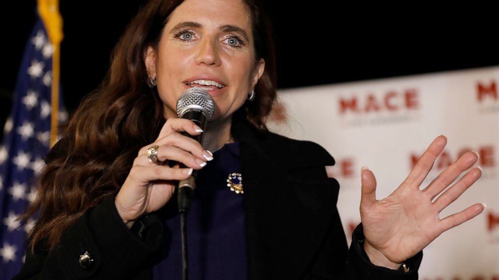 FILE - Republican Nancy Mace talks to supporters during her election night party on Nov. 3, 2020, in Mount Pleasant, S.C. Five U.S. lawmakers including Mace are visiting Taiwan on Friday, Nov. 26, 2021 in a surprise one-day visit, the American Instit