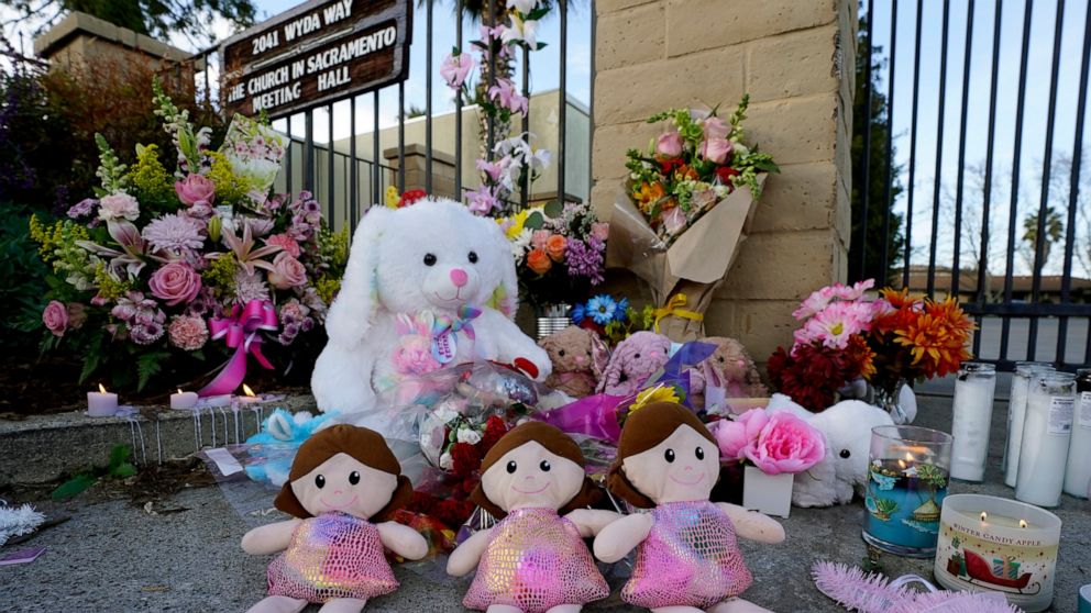 A memorial for the three young girls, who were slain by their father at The Church in Sacramento, is seen outside the church in Sacramento Calif., Tuesday, March 1, 2022. David Mora, who was under a restraining order and not supposed to have a gun, f