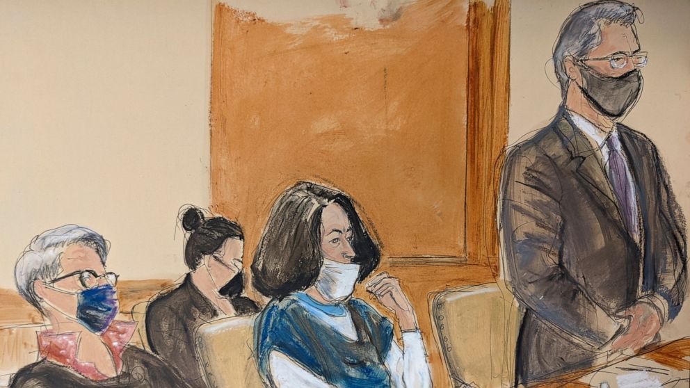 In this courtroom sketch, Ghislaine Maxwell, center, listens during a court hearing flanked by her attorneys, Bobbi Sternheim, left, and Jeffrey Pagliuca, right, Monday, Nov. 1, 2021, in New York. Maxwell was brought into a Manhattan courtroom for th