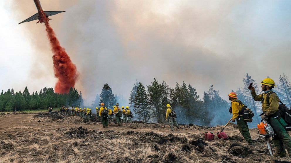 Wildland firefighters watch and take video with their cellphones as a plane drops fire retardant on Harlow Ridge above the Lick Creek Fire, southwest of Asotin, Wash., Monday, July 12, 2021. The fire, which started last Wednesday, has now burned over