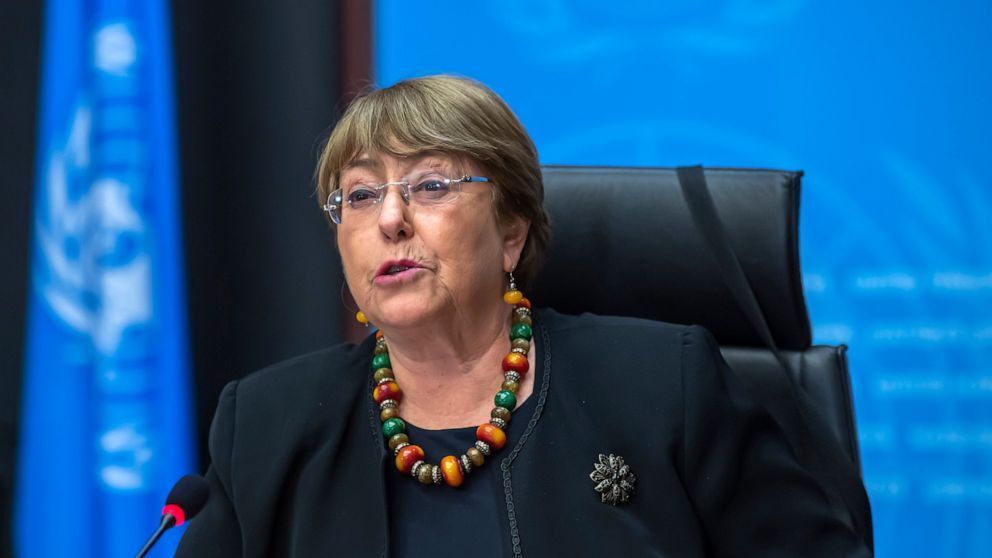 FILE - Michelle Bachelet, UN High Commissioner for Human Rights, speaks during a news conference at the European headquarters of the United Nations in Geneva, Switzerland, on Dec. 9, 2020. Bachelet, said Monday, June 13, 2022 she will not seek a new 