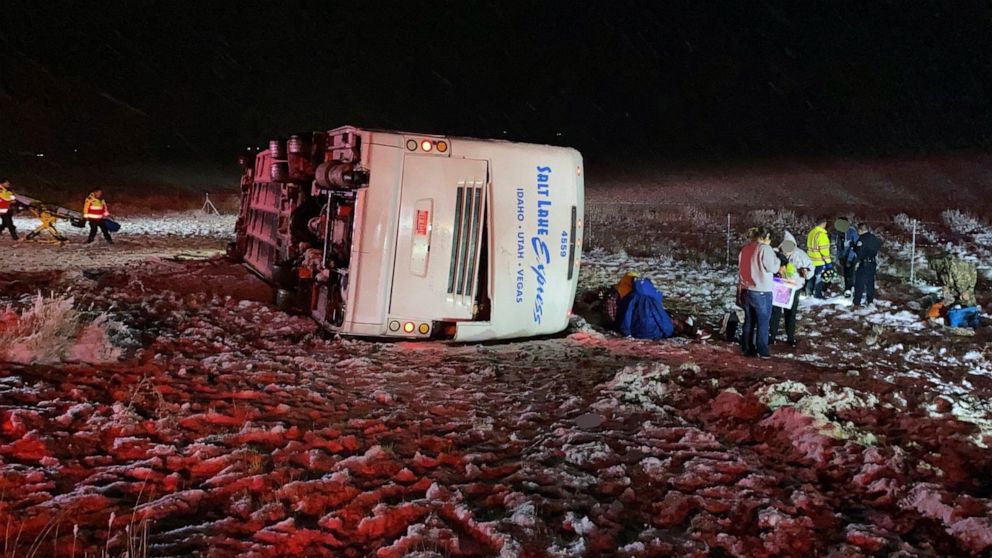 This photo provided by the Utah Department of Public Safety shows an overturned a Salt Lake express bus that had passengers when it overturned along eastbound on I-84 approximately 5 to 7 miles west of Tremonton, Utah, Monday, Dec. 12, 2022. The tour