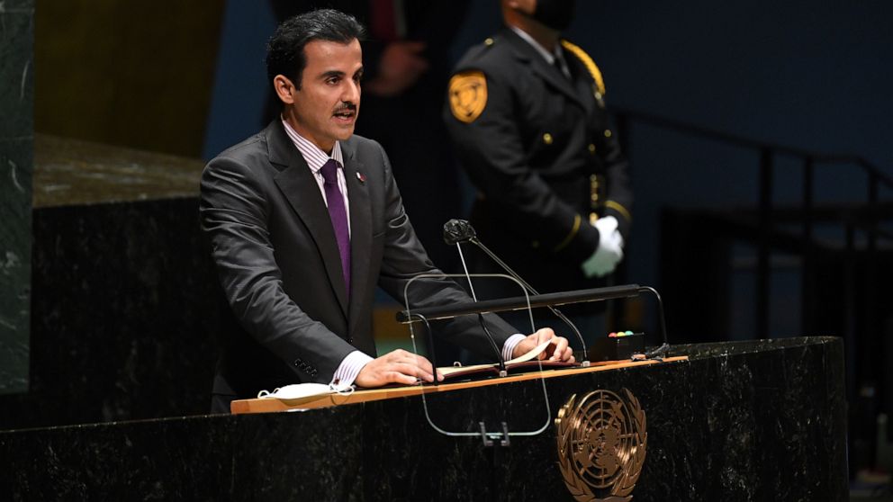 Sheikh Tamim bin Hamad Al Thani, Amir, of Qatar addresses the 76th Session of the U.N. General Assembly at United Nations headquarters in New York, on Tuesday, Sept. 21, 2021. (Timothy A. Clary/Pool Photo via AP)