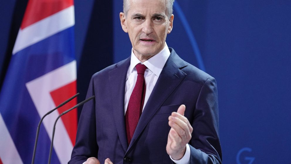Norway's Prime Minister Jonas Gahr Store speaks during a press conference with Chancellor Olaf Scholz in Berlin, Wednesday Jan. 19, 2022. (Kay Nietfeld/Pool via AP)