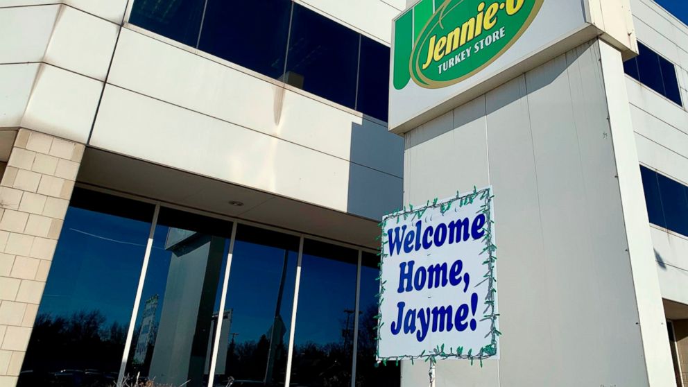 FILE - In this Jan. 16, 2019 file photo, a "Welcome Home, Jayme!" sign is shown in front of the Jennie-O Turkey Store in Barron, Wis., where her parents, James and Denise Closs, worked. Hormel Foods and Jennie-O say they'll donate the $25,000 it had 