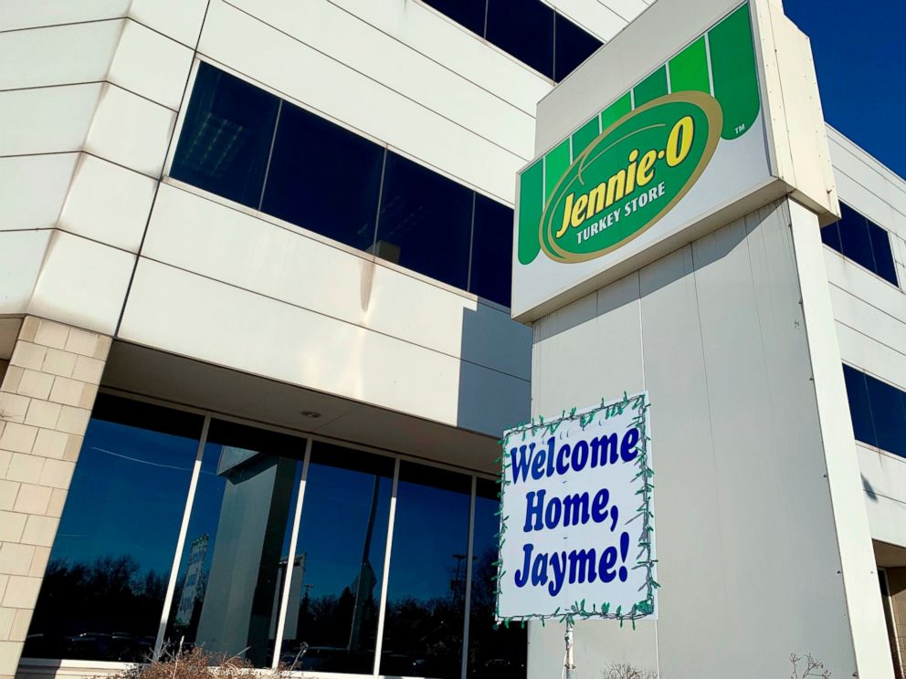 FILE - In this Jan. 16, 2019 file photo, a "Welcome Home, Jayme!" sign is shown in front of the Jennie-O Turkey Store in Barron, Wis., where her parents, James and Denise Closs, worked. Hormel Foods and Jennie-O say they'll donate the $25,000 it had 