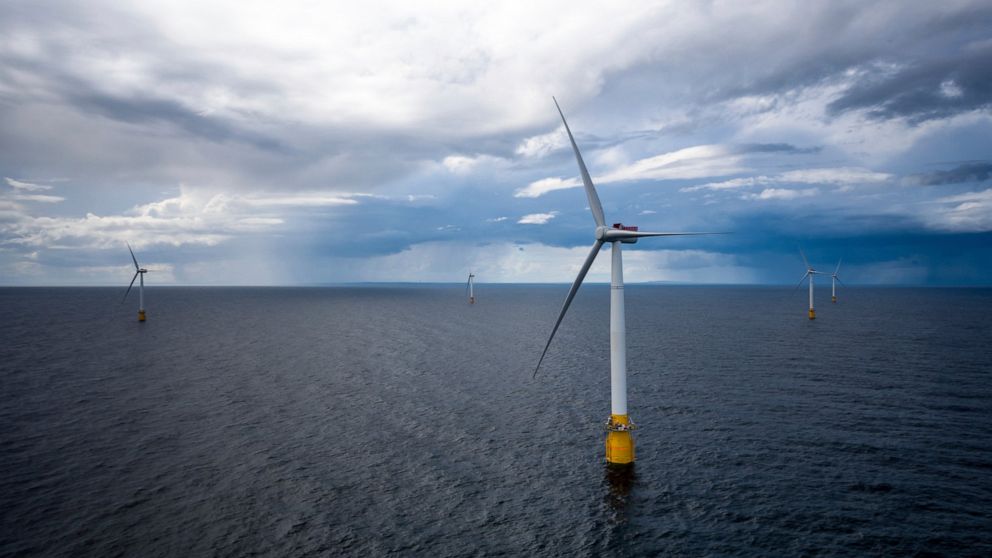 Hywind Scotland, the world's first commercial wind farm using floating wind turbines, is visible off the coast of Scotland in August 2017. Tuesday, Dec. 6, 2022, marks the first-ever U.S. auction for leases to develop commercial-scale floating wind f