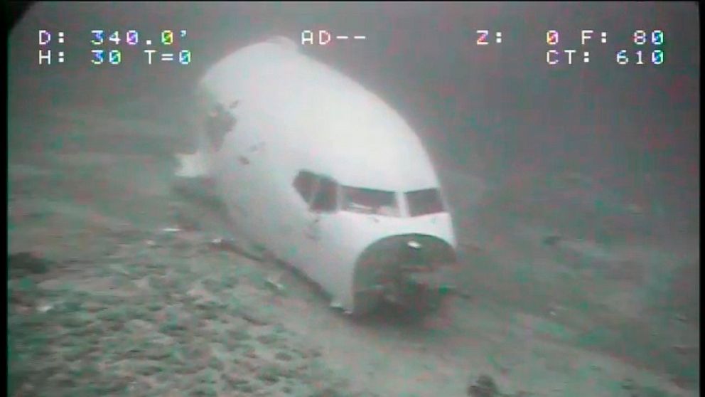 In this July 8, 2021 image from video provided by Sea Engineering, Inc. via the National Transportation Safety Board, the jet cabin from Transair Flight 810 rests on the Pacific Ocean floor off the coast of Honolulu, Hawaii. The Federal Aviation Admi