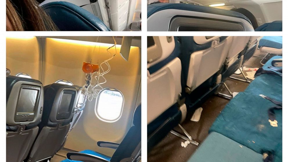 This photo combination of mobile images, courtesy of passenger Jazmin Bitanga, shows the interior of a Hawaiian Airlines plane flying from Phoenix to Honolulu after severe turbulence rocked the flight, Sunday, Dec. 18, 2022. (Courtesy of Jazmin Bitan