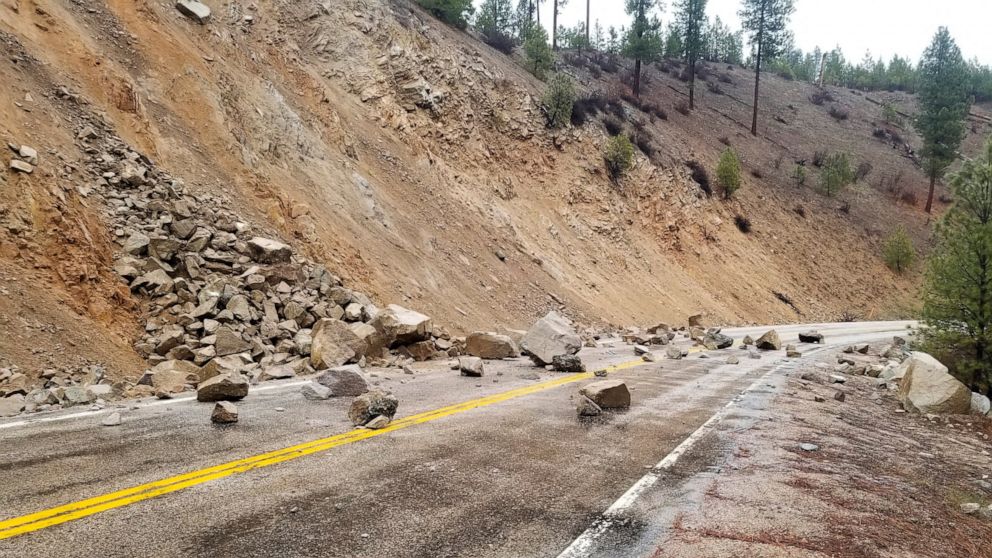 This photo provided by Tyler Beyer shows a rockslide on Highway 21 near Lowman, Idaho, after a magnitude 6.5 earthquake struck Tuesday, March 31, 2020. The earthquake struck north of Boise, Idaho, Tuesday evening, with people across a large area repo