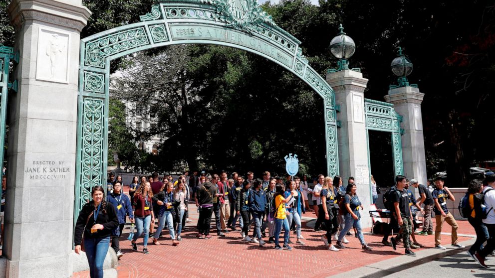 FILE - In this Aug. 15, 2017 file photo, students walk on the University of California, Berkeley campus in Berkeley, Calif. A highly anticipated report from a University of California faculty task force is recommending that the prestigious 10-campus 