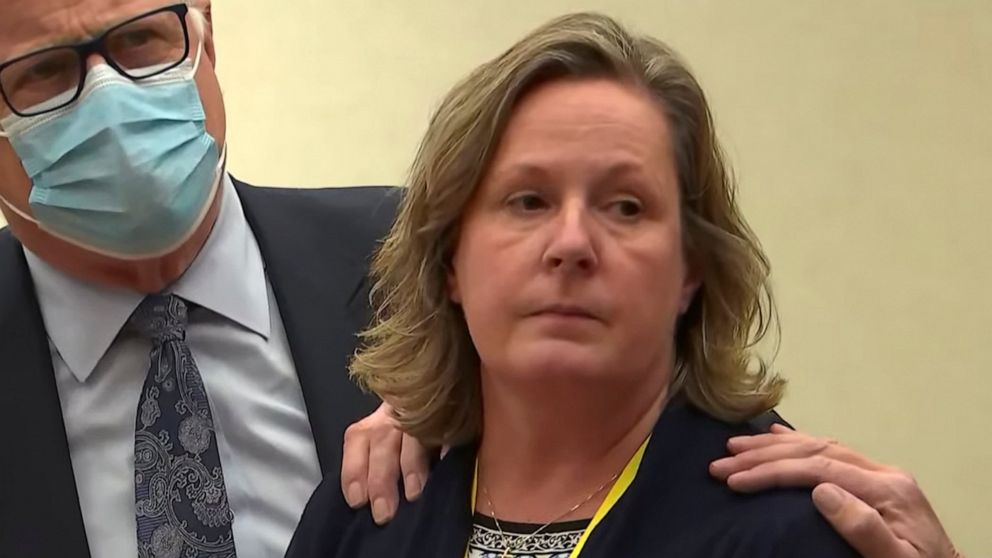 FILE - In this screen grab from video, former Brooklyn Center Police Officer Kim Potter stands with defense attorney Earl Gray, as the verdict is read Dec.,23, 2021 at the Hennepin County Courthouse in Minneapolis. Prosecutors say Potter, the former 