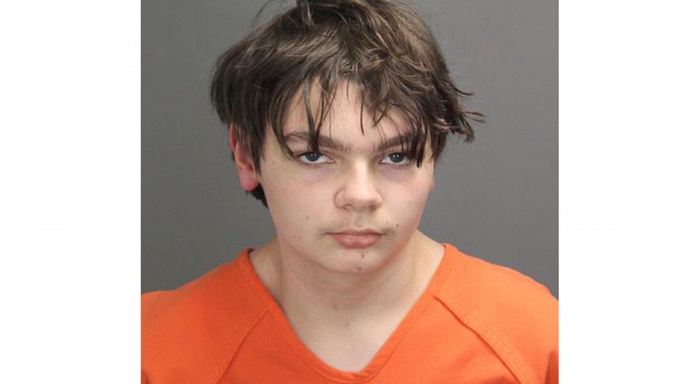 This booking photo released by the Oakland County, Mich., Sheriff's Office shows Ethan Crumbley, 15, who is charged as an adult with murder and terrorism for a shooting that killed four fellow students and injured more at Oxford High School in Oxford