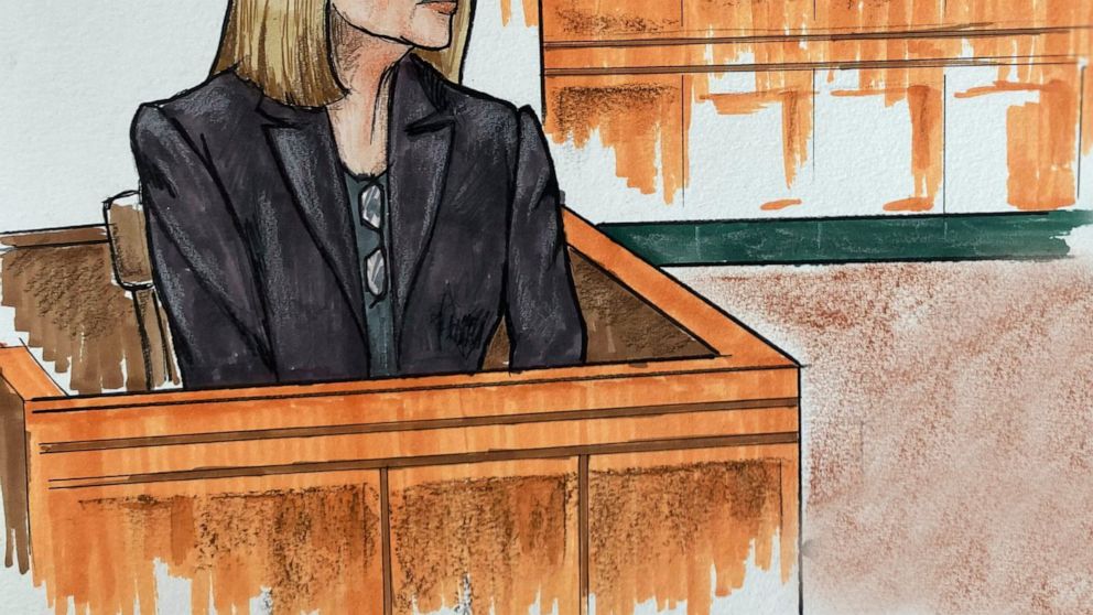 In this courtroom sketch, the defense's leading medical expert, Dr. Catherine Yeager, shares her evaluation of Jarrod Ramos during the second week of the trial, Tuesday, July 6, 2021, in Annapolis, Md. Ramos has pleaded guilty but not criminally resp