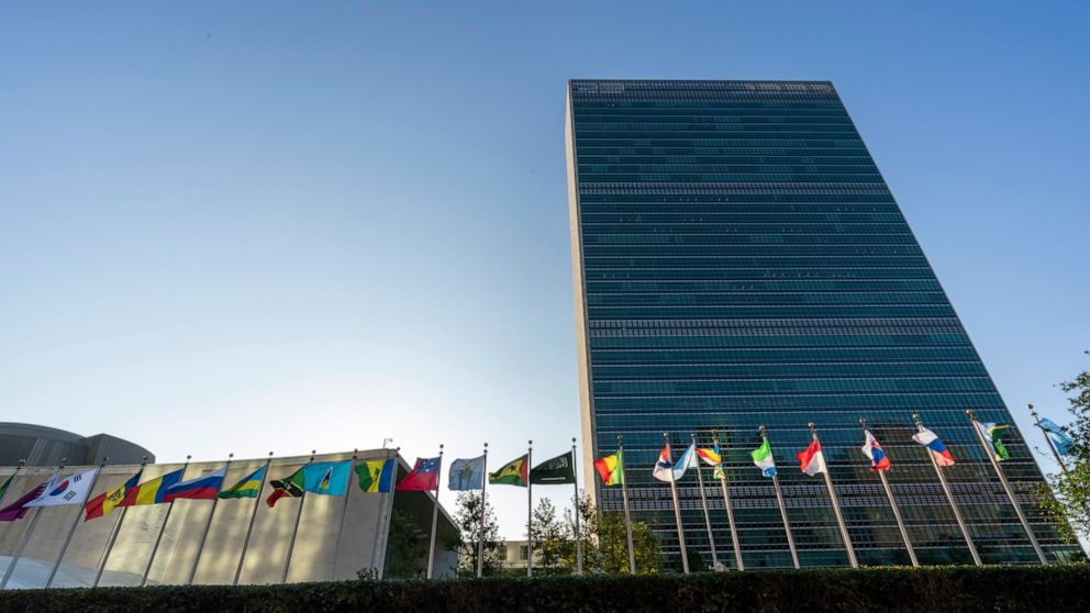Member state flags fly outside the United Nations headquarters during the 75th session of the United Nations General Assembly, Wednesday, Sept. 23, 2020. This year's annual gathering of world leaders at U.N. headquarters will be almost entirely "virt