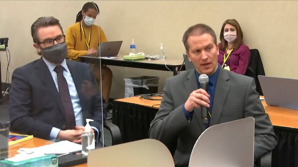 FILE - In this April 15, 2021, file image from video, defense attorney Eric Nelson, left, and defendant, former Minneapolis police officer Derek Chauvin, address Hennepin County Judge Peter Cahill at the Hennepin County Courthouse in Minneapolis, Min