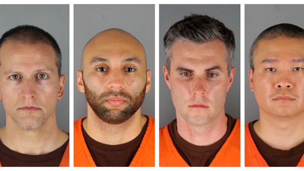 FILE -This combination of photos provided by the Hennepin County Sheriff's Office in Minnesota on Wednesday, June 3, 2020, shows Derek Chauvin, from left, J. Alexander Kueng, Thomas Lane and Tou Thao. Federal prosecutors asked a judge to sentence one