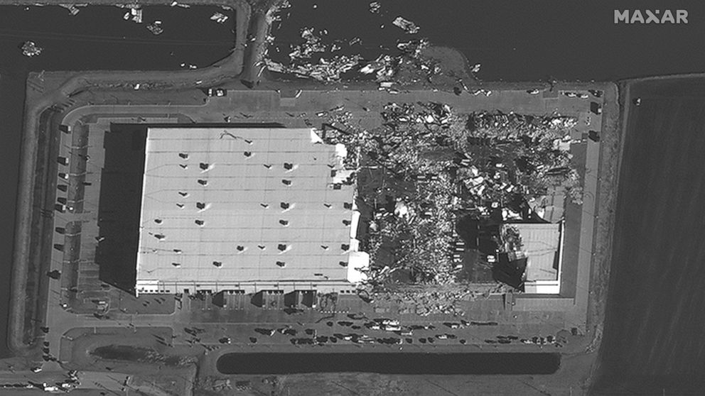 This Saturday, Dec. 11, 2021, satellite photo provided by Maxar shows a close-up of an Amazon warehouse in Edwardsville, Ill., after severe storms moved through the area late the previous evening, causing catastrophic damage. (Satellite image ©2021 M