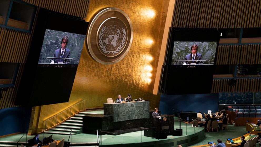 Nicolas de Riviere, Permanent Representative of France to the United Nations, speaks during a meeting of the UN General Assembly, Wednesday, March 23, 2022, at United Nations headquarters. The United Nations will face three resolutions on the worseni