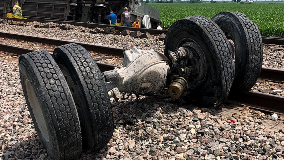In this photo provided by Dax McDonald, debris sits near railroad tracks after an Amtrak passenger train derailed near Mendon, Mo., on Monday, June 27, 2022. The Southwest Chief, traveling from Los Angeles to Chicago, was carrying about 243 passenger