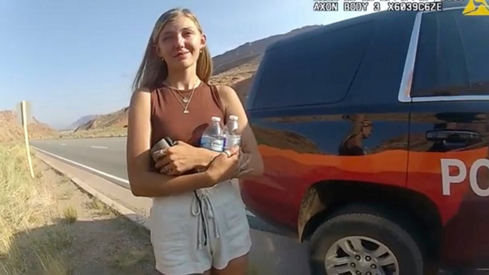 FILE - This police camera video provided by The Moab Police Department shows Gabrielle "Gabby" Petito talking to a police officer after police pulled over the van she was traveling in with her boyfriend, Brian Laundrie, near the entrance to Arches Na