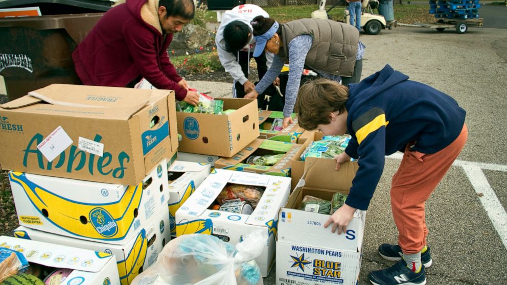 In this image provide by Last Mile Food Rescue, food is distributed at a Last Mile Food Rescue pop-up food pantry in a Cincinnati parking lot in November, 2021 Nonprofits of all kinds are getting hit hard by inflation, experts say. (Denise Johnson/La