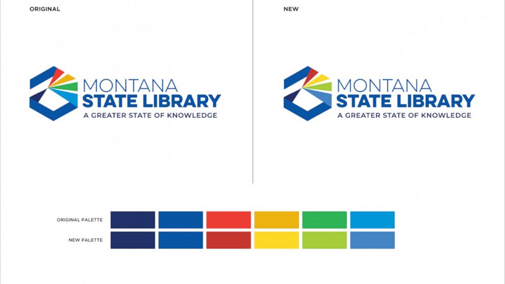 This undated image provided by the Montana State Library shows two logos proposed as part of a rebranding effort for the Montana State Library. The commission that oversees the state library voted Wednesday, Oct. 12, 2022, to accept a new logo with c