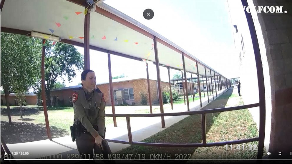 This image from video released by the City of Uvalde, Texas shows Texas Department of Public Safety trooper Crimson Elizondo responding to a shooting at Robb Elementary School, on May 24, 2022 in Uvalde, Texas. The former Texas state trooper under in