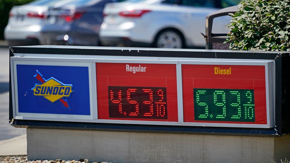 FILE - Gas prices are displayed at a Sunoco gas station along the Ohio Turnpike near Youngstown, Ohio, Tuesday, July 12, 2022. Thanks largely to falling gas prices, the government’s inflation report for July, to be released Wednesday, Aug. 10, 2022, 