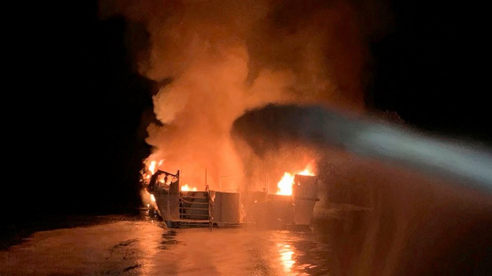 FILE - In this Sept. 2, 2019, file photo, provided by the Ventura County Fire Department, VCFD firefighters respond to a fire aboard the Conception dive boat fire in the Santa Barbara Channel off the coast of Southern California. The Coast Guard has 