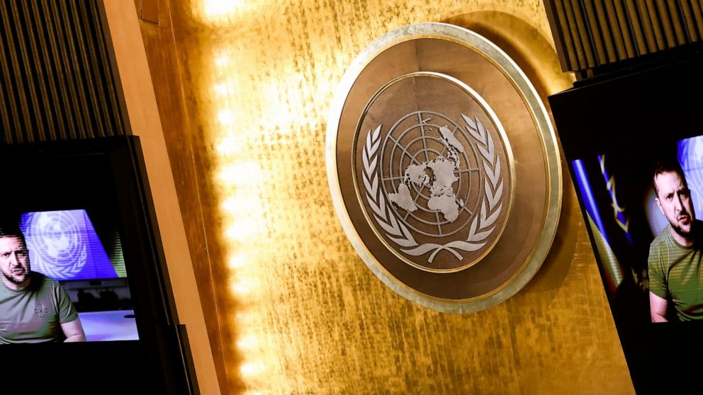 Ukrainian President Volodymyr Zelenskyy addresses the 77th session of the United Nations General Assembly, Wednesday, Sept. 21, 2022 at U.N. headquarters. (AP Photo/Julia Nikhinson)
