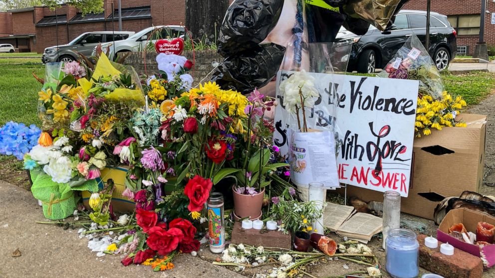 In this April 21, 2021 photo, a memorial is seen after a shooting at Austin-East Magnet High School, in Knoxville, Tenn. Members of the Black community in Knoxville are calling for reforms to dispel longstanding disparities between Blacks and whites.