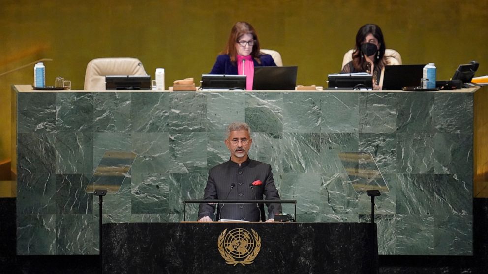 Foreign Minister of India Subrahmanyam Jaishankar addresses the 77th session of the United Nations General Assembly, Saturday, Sept. 24, 2022 at U.N. headquarters. (AP Photo/Mary Altaffer)