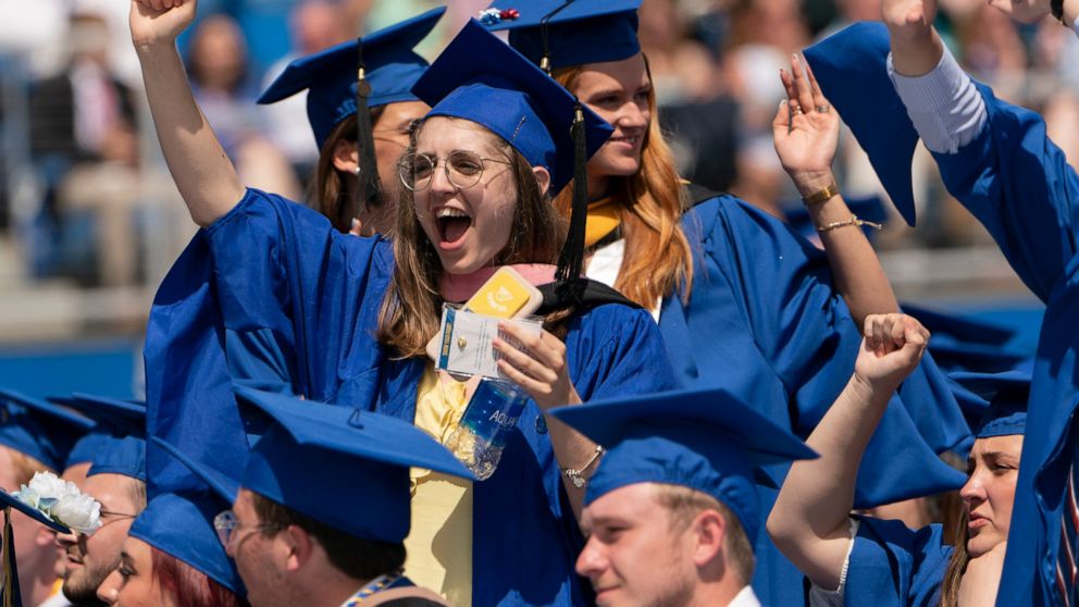 FILE - Graduates celebrate during the University of Delaware Class of 2022 commencement ceremony in Newark, Del., Saturday, May 28, 2022. The Department of Education says borrowers who hold eligible federal student loans and have made voluntary payme
