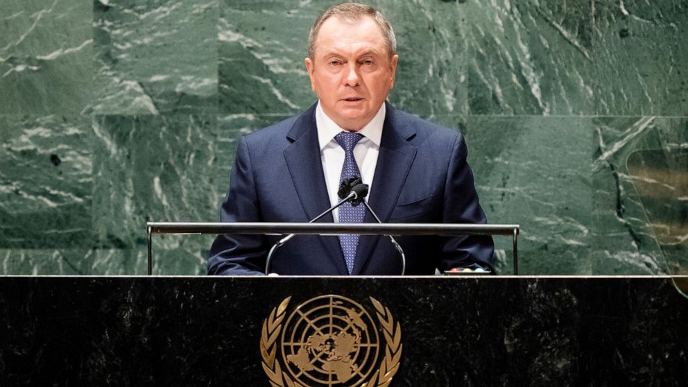 Belarus' foreign minister Vladimir Makei addresses the 76th Session of the United Nations General Assembly, Monday, Sept. 27, 2021, at U.N. headquarters. (AP Photo/John Minchillo, Pool)