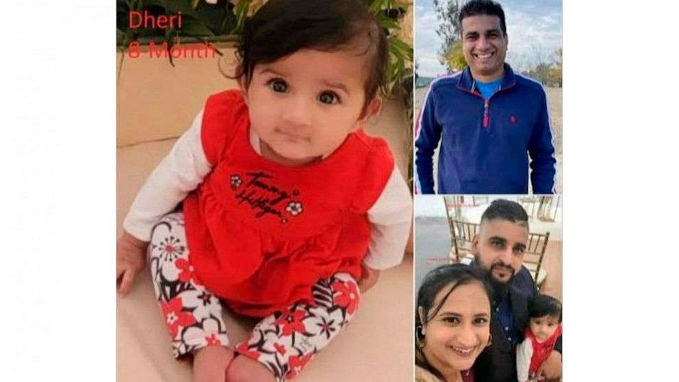 This undated photo provided by Merced County Sheriff's Office shows eight-month-old Aroohi Dheri, her parents, Jasleen Kaur, and Jasdeep Singh, and uncle Amandeep Singh, who were kidnapped from a south Merced, Calif., business Monday night, Oct. 3, 2