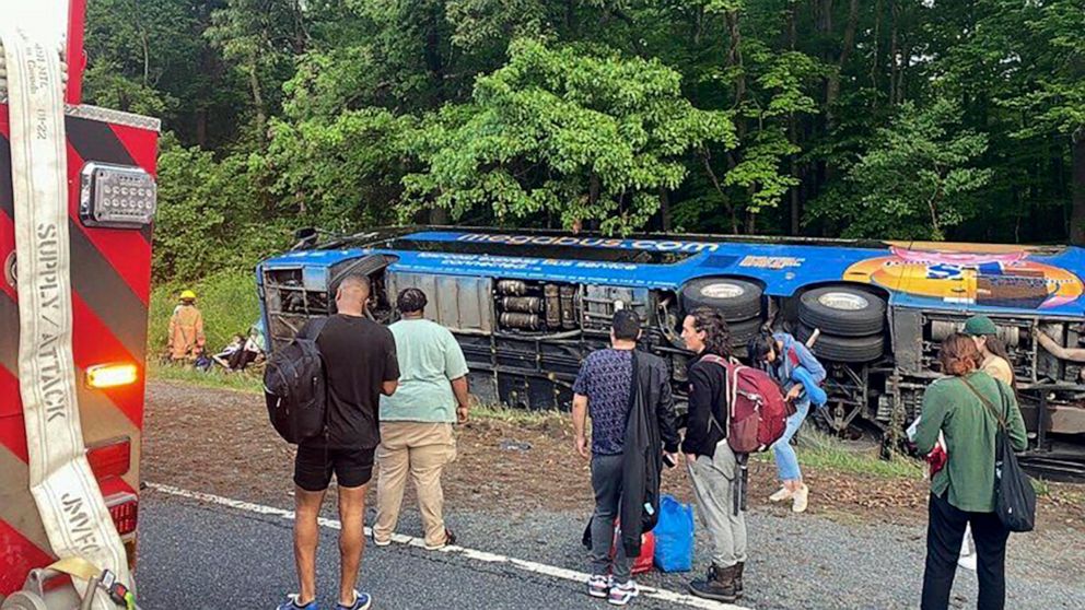This image provided by the Baltimore County Fire Department shows the scene of a Megabus crash on I-95 south near Kingsville, Md., Sunday, May 22, 2022. The vehicle was carrying 47 people. Officials said that 15 of the 27 people injured were taken to