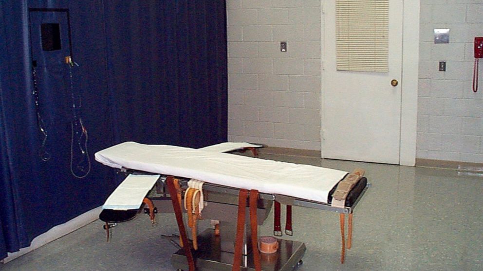 FILE - This undated file photo provided by the Virginia Department of Corrections shows the execution chamber at the Greensville Correctional Center in Jarratt, Va. Prison officials are unconstitutionally limiting public access to executions in Virgi