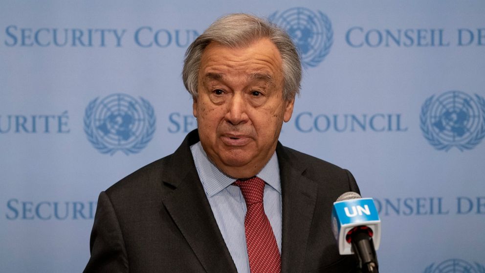 U.N. Secretary-General Antonio Guterres speaks to members of the media outside the Security Council chamber, Thursday, Feb. 24, 2022, at United Nations Headquarters. (AP Photo/John Minchillo)