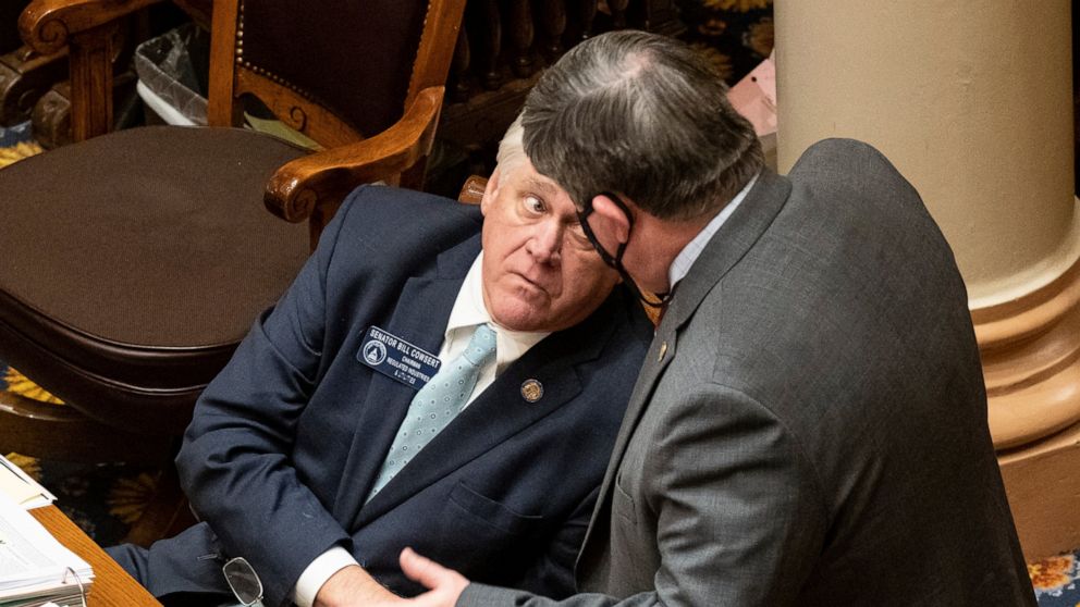 Sen. Bill Cowsert (R-Athens) speaks with Sen. Larry Walker, III, (R-Perry) during debate on a bill to reform the citizens arrest law Monday, March 29, 2021. Georgia state senators voted 34-18 for a bill that loosens the state's gun laws less than two
