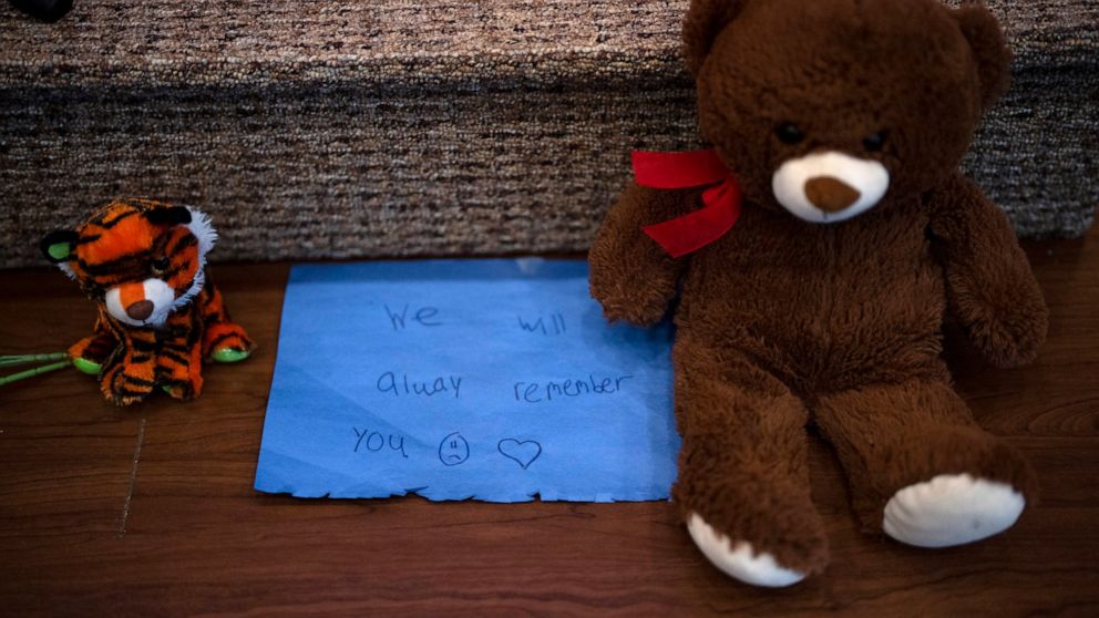 Stuffed animals are left at the altar during a prayer vigil for 10-year-old Iliana "Lily" Peters at Valley Vineyard Church in Chippewa Falls, Wis., Monday evening, April 25, 2022. Peters was found dead in a park earlier in the day after being reporte