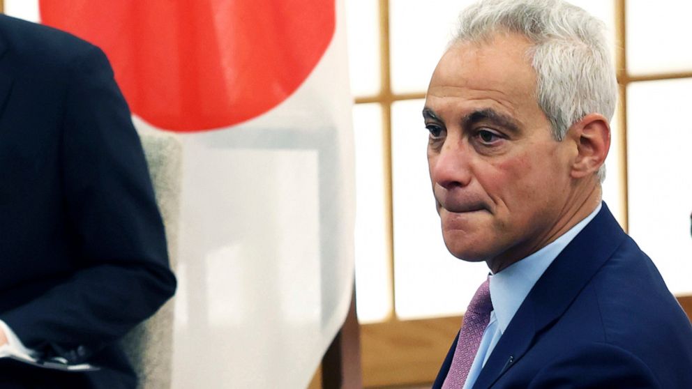 FILE - New U.S. Ambassador to Japan Rahm Emanuel meets Japan's Foreign Minister Yoshimasa Hayashi, not in photo, during a meeting in Tokyo on Feb. 1, 2022. Japan has decided to divert some of its gas reserves to Europe amid growing concern over possi