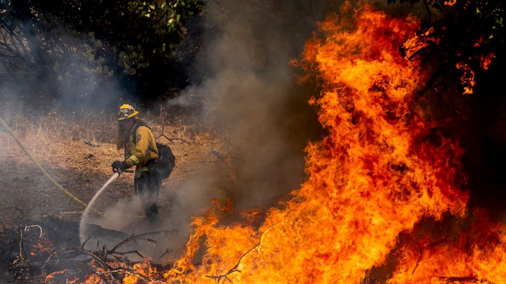 A firefighter sprays water while battling the Oak Fire in Mariposa County, Calif., on Saturday, July 23, 2022. (AP Photo/Noah Berger)
