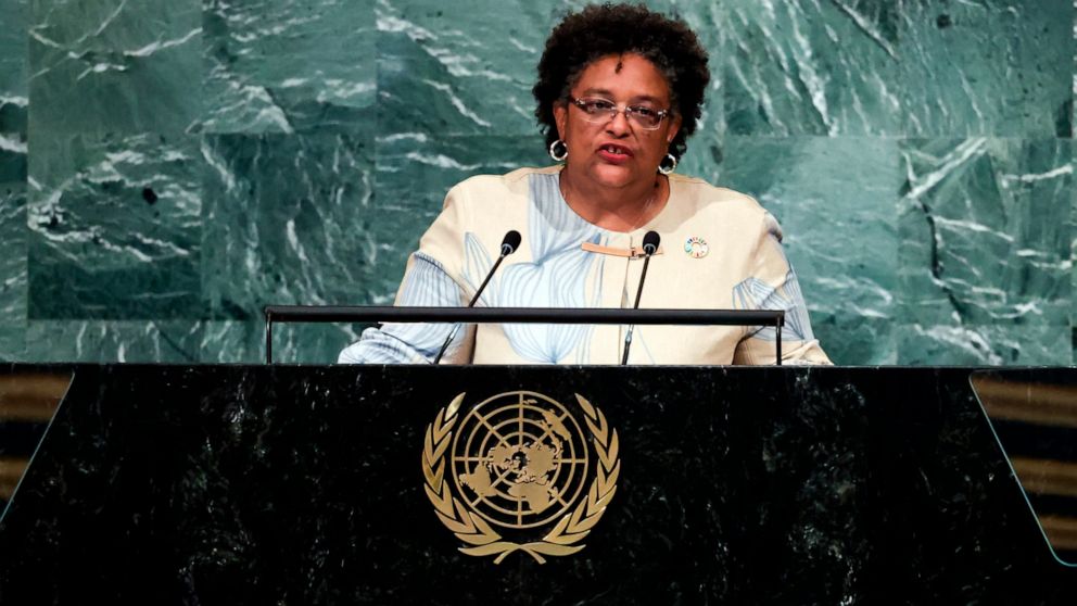 Prime Minister of Barbados Mia Amor Mottley addresses the 77th session of the United Nations General Assembly, Thursday, Sept. 22, 2022, at the U.N. headquarters. (AP Photo/Julia Nikhinson)