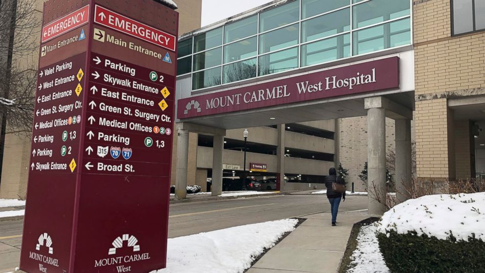 FILE - In this Jan. 15, 2019 file photo, the main entrance to Mount Carmel West Hospital is shown in Columbus, Ohio. A lawsuit alleges a patient at the the Ohio hospital was given a lethal painkiller overdose in 2015 by a nurse now married to the doc