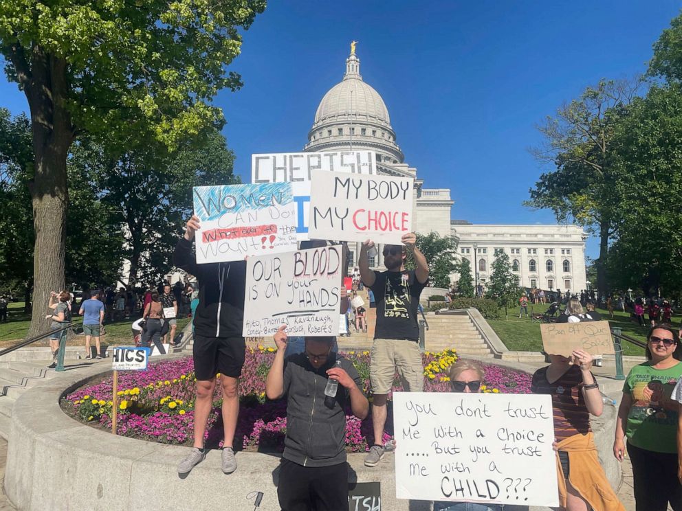 PHOTO: Protesters gathered outside the state Capitol building in Madison, Wis., June 24, 2022. The Supreme Court on Friday stripped away women's constitutional protections for abortion.